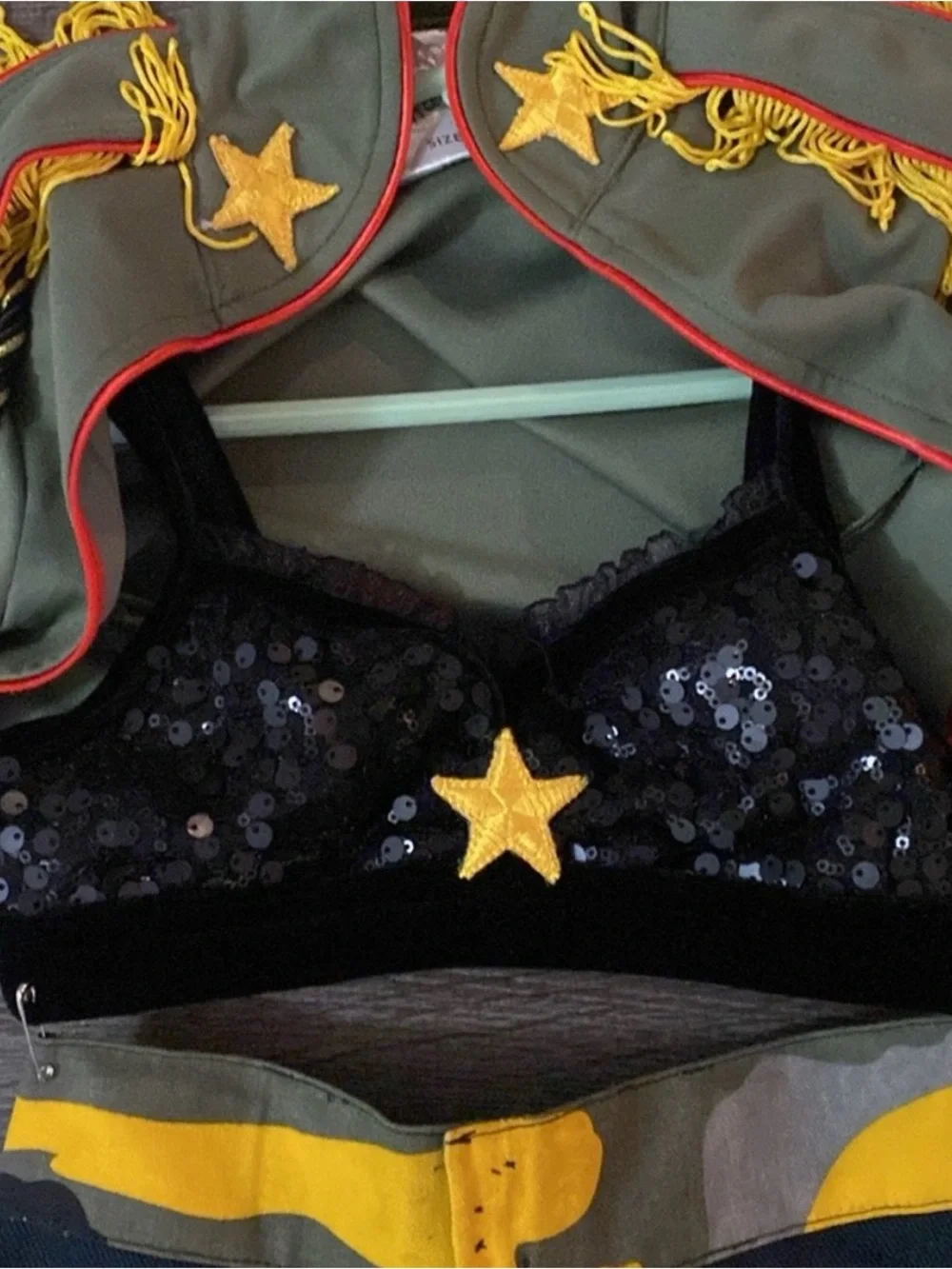 Kids Military-Inspired Dance Costume Set with Black Sequin Top and Olive Jacket